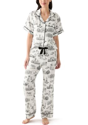 Katie Kime Women's 2 Piece New York Toile Pajama Set, White, Medium