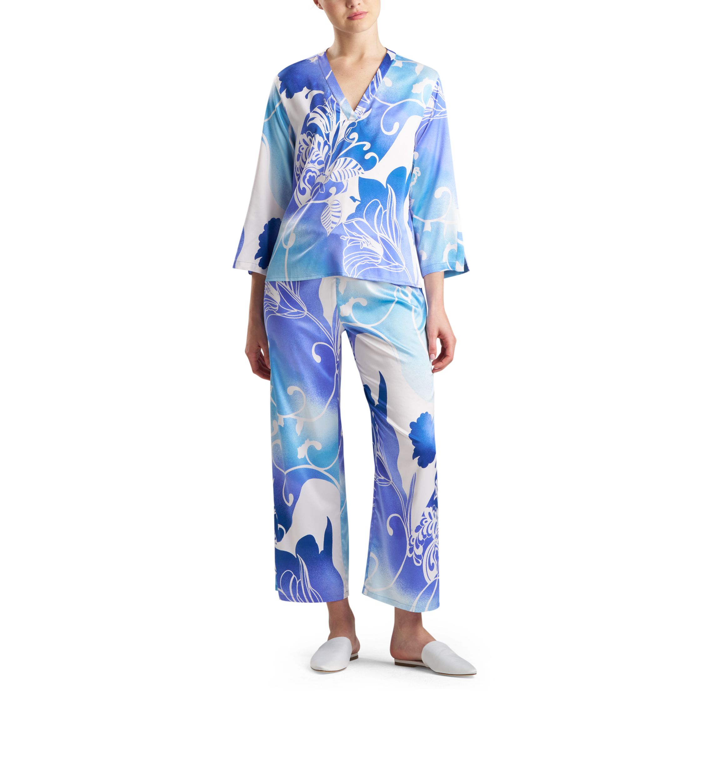 Satin Caftan Floral Pajama Top and Pants Set