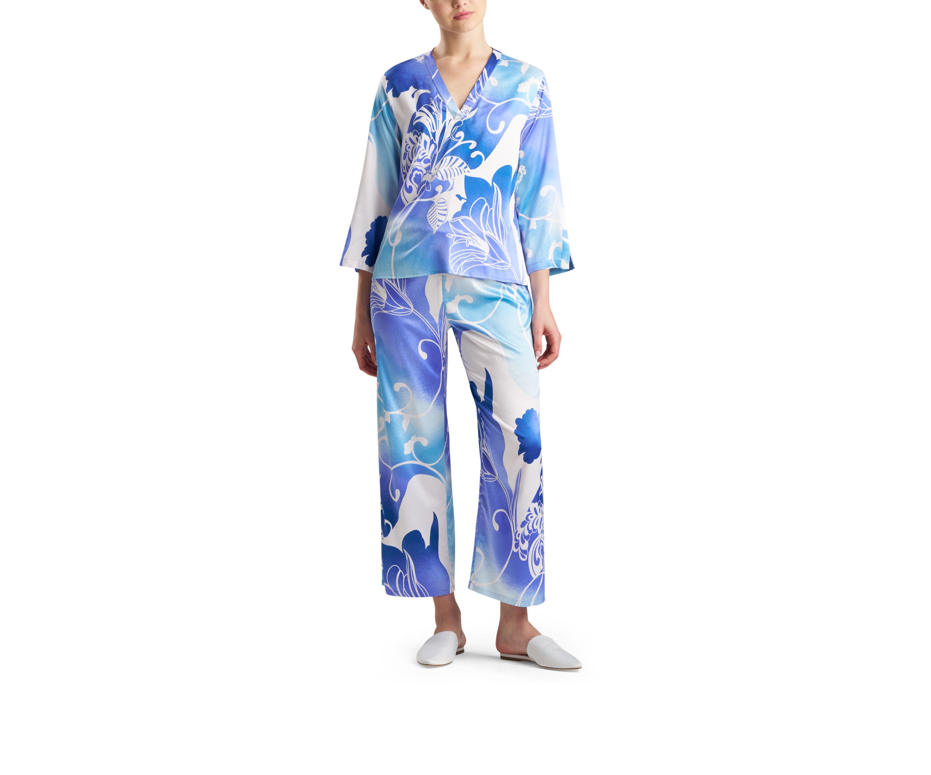 Satin Caftan Floral Pajama Top and Pants Set