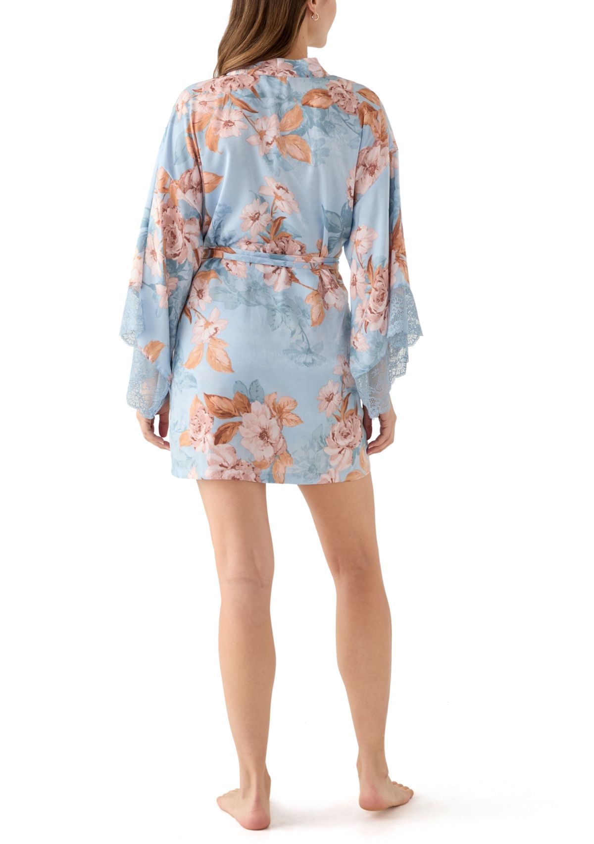 Carlie Floral Lace Trim Satin Wrapper Robe