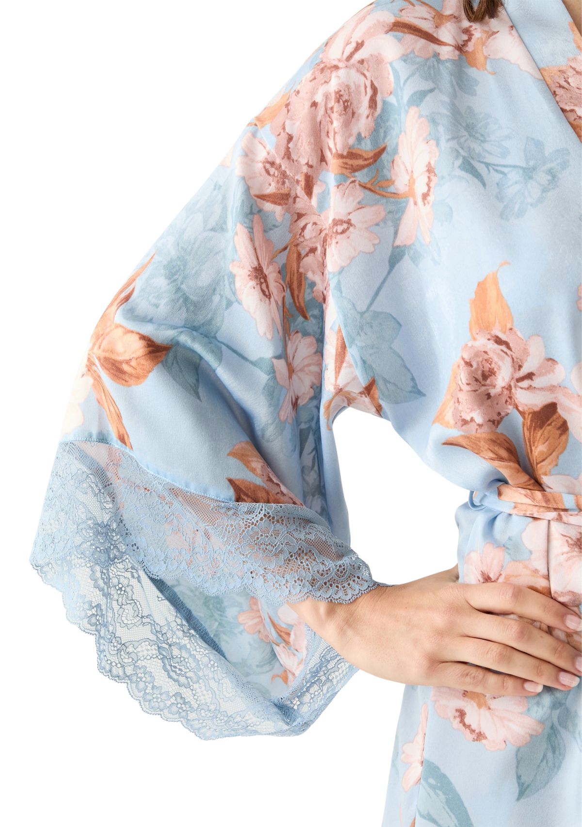 Carlie Floral Lace Trim Satin Wrapper Robe