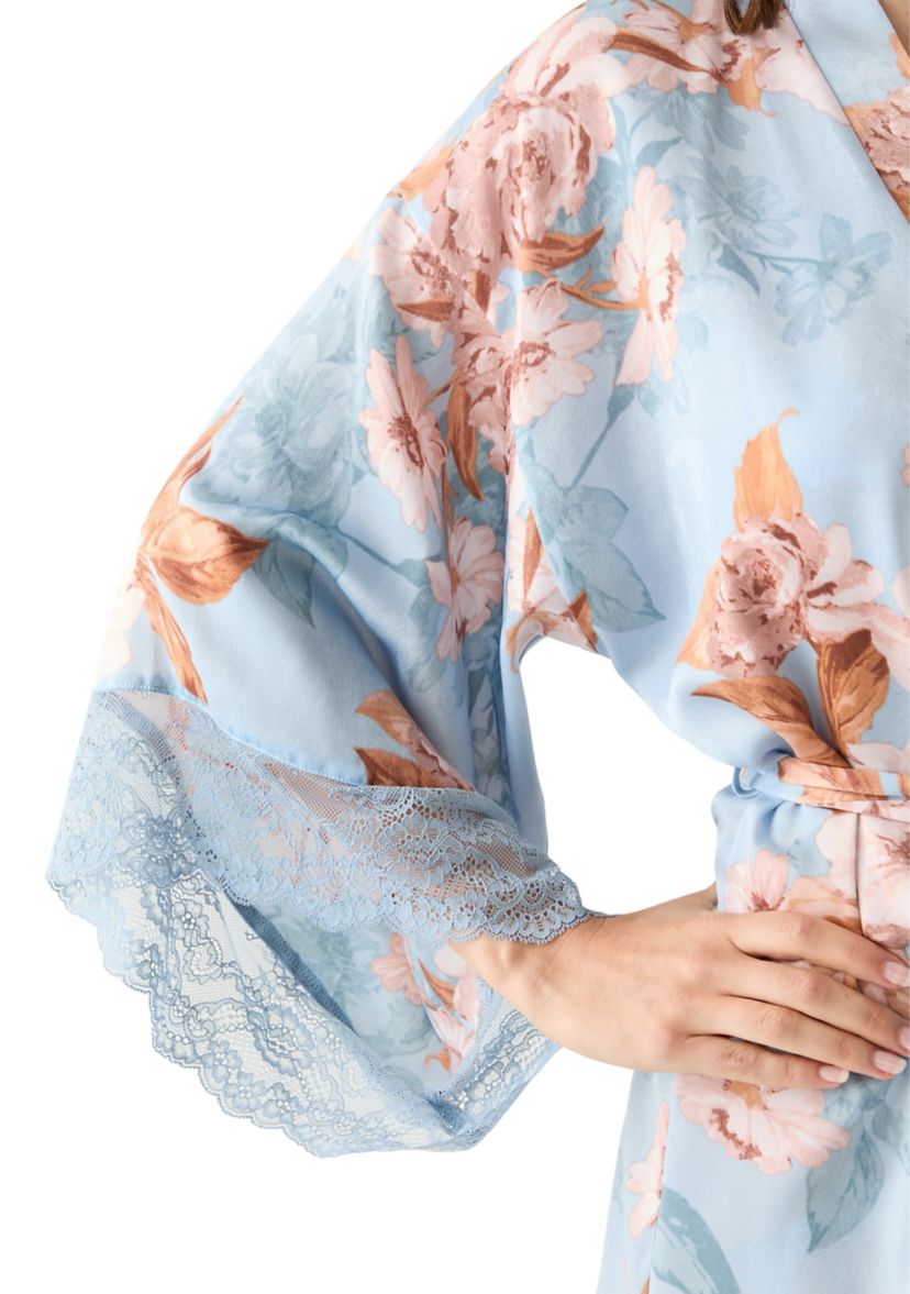 Carlie Floral Lace Trim Satin Wrapper Robe
