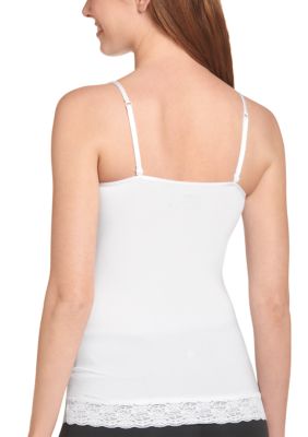 Seamless Slimming Camisole with Lace Trim at Neckline - White