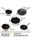Wolfgang Puck 15-Piece Stainless Steel Cookware Set with Mixing Bowls; Scratch-Resistant Non-Stick Coating; Cook and Look Cookware Lids, Easy-Store Nesting Bowls, Extra-Wide Rims for Easy Pouring