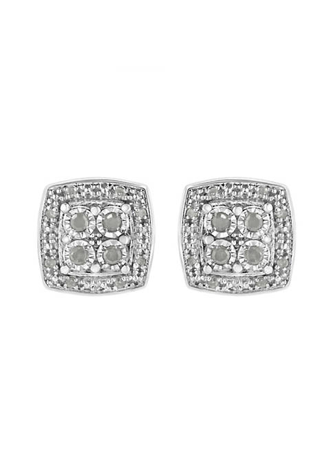 .925 Sterling Silver 1/4 cttw Round Cut Diamond Square Shape Milgrain Stud Earrings (I-J, I3)