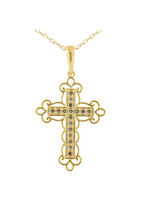 10K Yellow Plated .925 Sterling Silver 1/4 Cttw Champagne Diamond Filigree Cross 18" Pendant Necklace (K-L Color, I1-I2 Clarity)