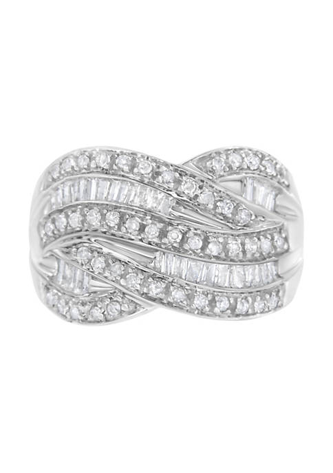 .925 Sterling Silver 1.0 Cttw Channel Set Alternating Round and Baguette Diamond Cross-over Bypass Ring Band (I-J Color, I2-I3 Clarity)