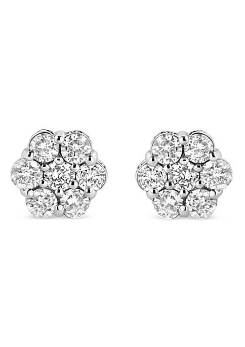 .925 Sterling Silver 1.0 Cttw Diamond Cluster 7 Stone Floral Stud Earring (I-J Color, I1-I2 Clarity)