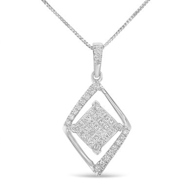 Haus Of Brilliance 10K White Gold 1/3 Cttw Round And Princess-Cut Diamond Double Triangle 18"" Pendant Necklace (H-I Color, Si1-Si2 Clarity)