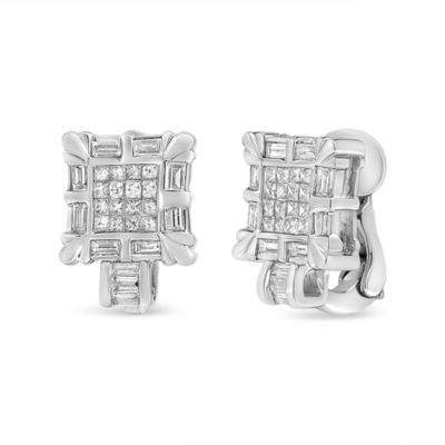 Haus Of Brilliance 14K White Gold 1.0 Cttw Princess And Baguette-Cut Diamond Square Framed Huggie Hoop Omega Earrings (H-I Color, Si1-Si2 Clarity)