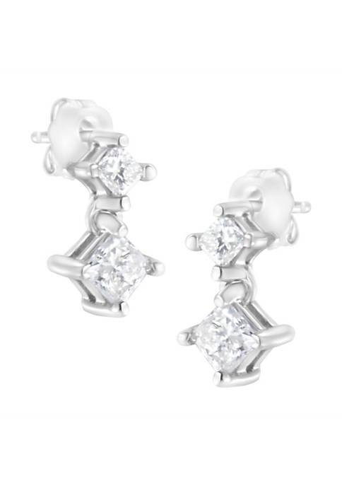 14K White Gold 3/4 cttw Double Diamond Princess-Cut Stud Earrings (I-J Clarity, I2-I3 Color)
