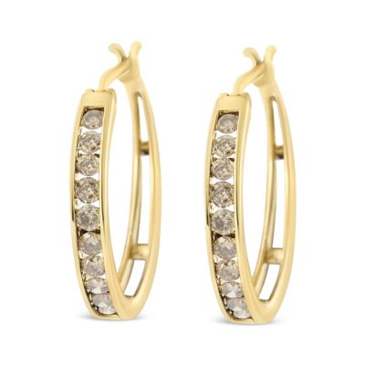 Haus Of Brilliance 14K Yellow Gold Plated .925 Sterling Silver 1.0 Cttw Channel Set Champagne Diamond Hoop Earrings With Snap Post (K-L Color, I1-I2 -  633503289711