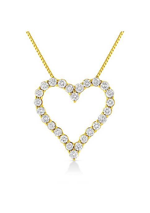 14K Yellow Gold Plated .925 Sterling Silver 2.00 Cttw Shared Prong-Set Round Brilliant-Cut Diamond Open Heart 18" Pendant Necklace (K-L Color, I2-I3 Clarity)