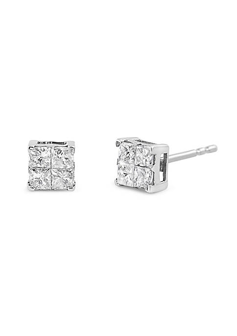10K White Gold 1.00 cttw Invisible Set Princess-Cut Diamond Composite Square Shape Stud Earrings (G-H Color, I2-I3 Clarity)