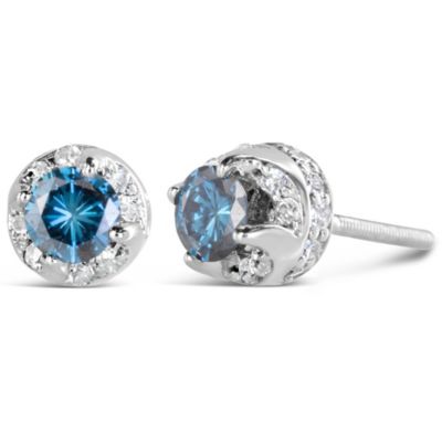 Haus Of Brilliance 14K White Gold 1.00 Cttw Treated Blue And White Diamond Hidden Halo Stud Earrings (Blue/i-J Color, I2-I3 Clarity)