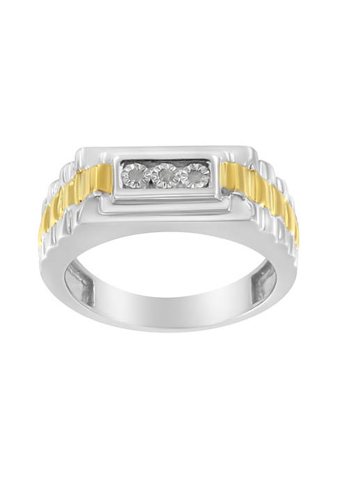 10K Yellow Gold Plated .925 Sterling Silver Diamond Accent Miracle-Set 3 Stone Ridged Band Gentlemens Fashion Ring (I-J Color, I2-I3 Clarity)