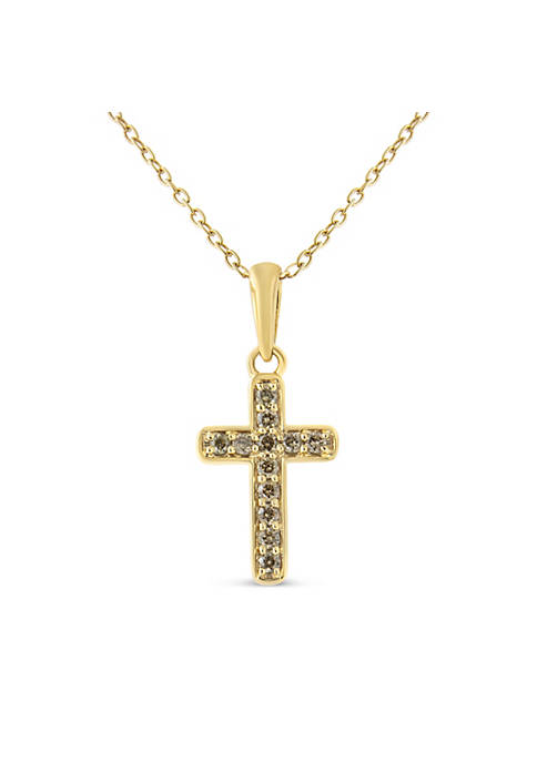 10K Yellow Gold Plated .925 Sterling Silver 1/4 Cttw Champagne Diamond Cross 18" Pendant Necklace (K-L Color, I1-I2 Clarity)