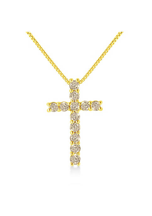 10K Yellow Gold Plated .925 Sterling Silver 1/2 Cttw Fancy Champagne Diamond Cross 18" Pendant Necklace (K-L Color, I1-I2 Clarity)