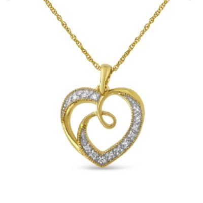 Haus Of Brilliance Women's 14K Yellow Gold Over Silver Diamond Accent Ribbon & Heart 18"" Pendant Necklace