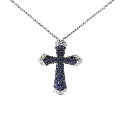 Haus Of Brilliance Lab Created Women's .925 Sterling Silver 3/4 Cttw Blue Sapphire And White Diamond Accent Cross Pendant Necklace