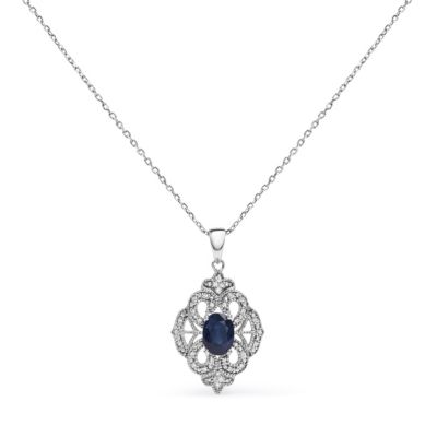 Haus Of Brilliance Lab Created Women's .925 Sterling Silver 7X5 Mm Oval Blue Sapphire And Diamond Accent 18"" Pendant Necklace