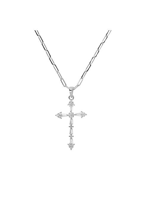 Lab Created Sterling Silver Cubic Zirconia Cross Pendant With Paperclip Link Chain Necklace