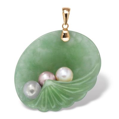 Palmbeach Jewelry Genuine Jade And Cultured Pearl Shell Pendant In 14K Gold