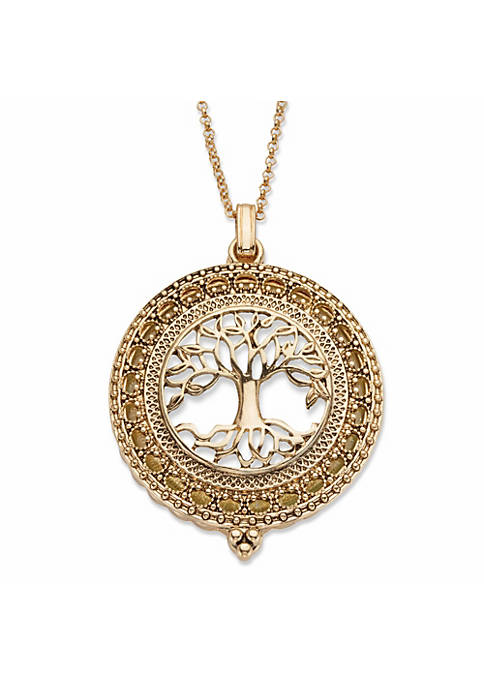 Tree of Life Antiqued Gold Tone Magnifying Glass Pendant Necklace 24"
