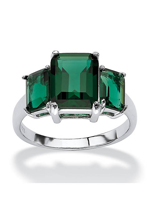 Emerald-Cut Simulated Green Emerald .925 Sterling Silver 3-Stone Ring