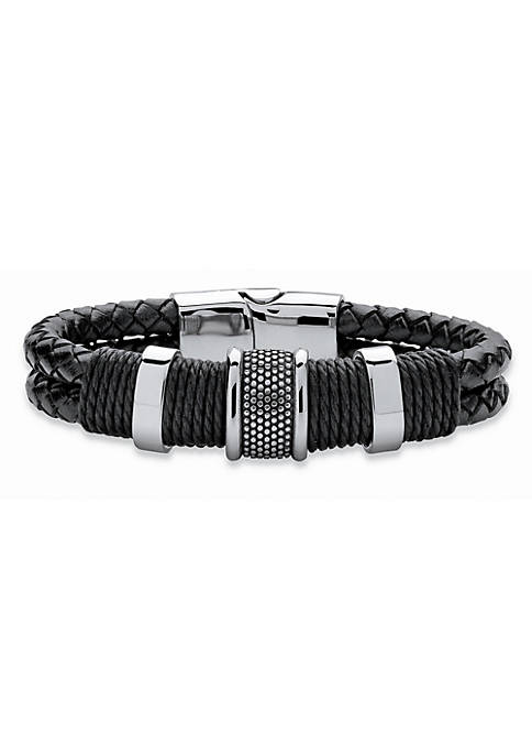 Mens Tribal Bracelet in Stainless Steel and Braided Black Leather 8"