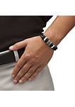 Mens Tribal Bracelet in Stainless Steel and Braided Black Leather 8"