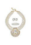 Crystal and Sim. Pearl Gold Tone Necklace Earring and Bracelet Set 17"-19" 8mm