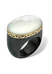 Oval-Shaped Mother-Of-Pearl Black Jade Greek Key Ring in 14k Gold