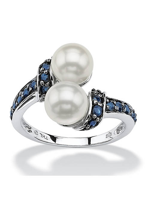 .79 TCW Blue Genuine Sapphire and Freshwater Pearl Platinum over Silver Ring