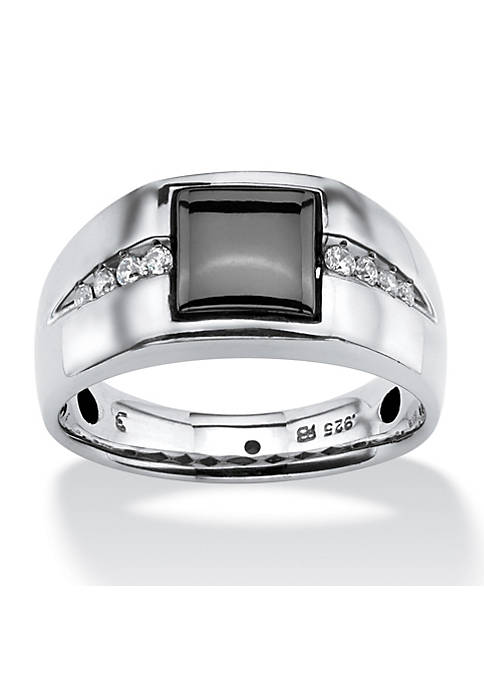 Mens .30 TCW Genuine Hematite and Sapphire Ring in Platinum over .925 Silver