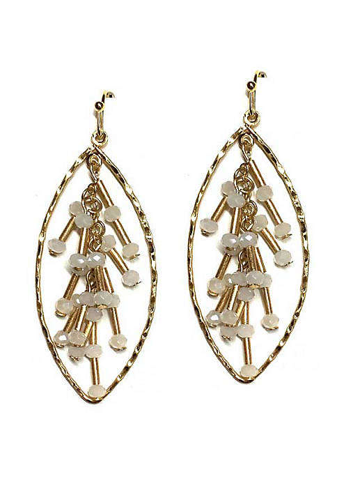 Gold Oval Hoop Dangle Earring with White Crystal Bead Drops