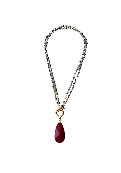 Royal Blue Crystal Layered Necklace with Natural Stone Red Agate Drop