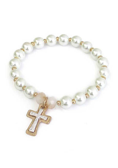 Cross Charm and Pearl Beaded Stretch Bracelet
