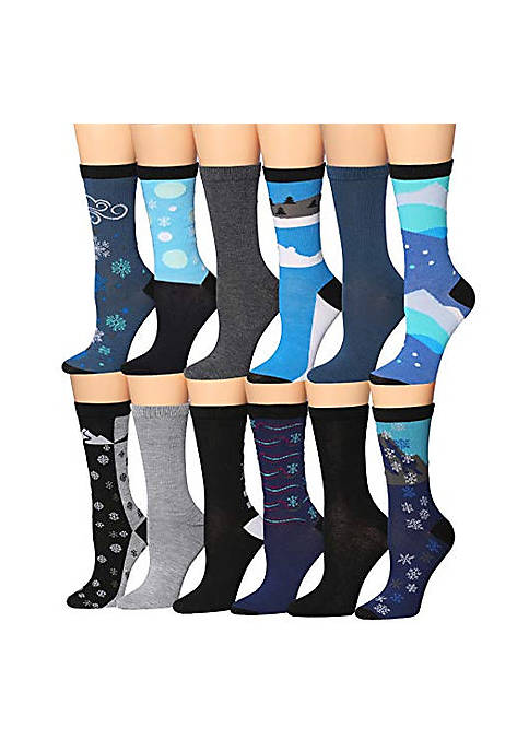 Tipi Toe Womens 12 Pairs Colorful Patterned Crew Socks WC102-AB