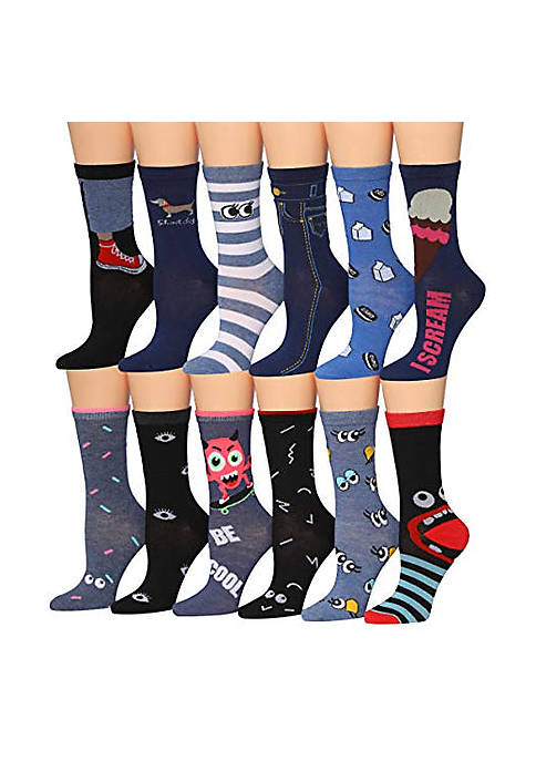 Tipi Toe Womens 12 Pairs Colorful Patterned Crazy Eyes & Novelty Monster Crew Socks (WC46-AB)