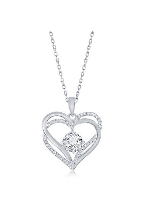 Sterling Silver Double Heart "February" Birthstone CZ Pendant w/Chain