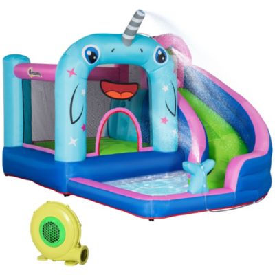 Outsunny 5 In 1 Kids Inflatable Bounce Narwhals Theme Jumping Castle Includes Slide Trampoline Pool Water Gun Climbing Wall With Carry Bag Repair -  196393164822