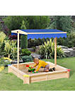 Wooden Sandbox w/ Adjustable Canopy Children Outdoor Playset Weather Resistant 47" L x 47" W x 47" H Natural and Blue