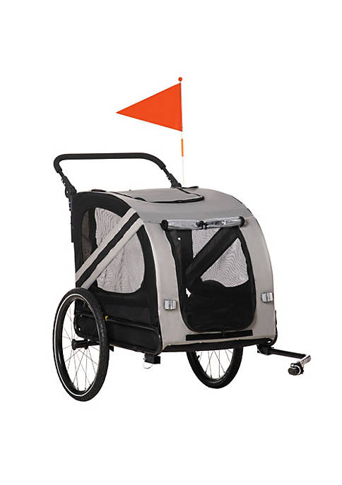 Dog Bike Trailer 2 in 1 Pet Stroller Cart Bicycle Wagon Cargo Carrier Attachment for Travel with 4 Wheels Reflectors Flag Grey