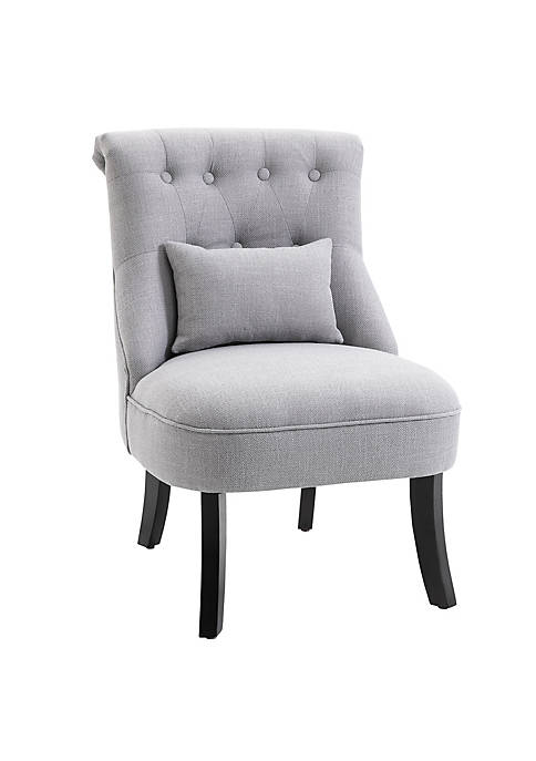 Small Button Tufted Accent Chair Mid Back Leisure Armchair with Upholstered Fabric Solid Wood Legs and Support Pillow Grey