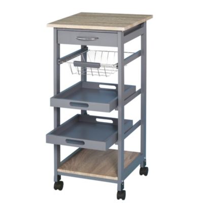 Homcom Mobile Rolling Kitchen Island Trolley Serving Cart With Underneath Drawer And Slide Out Wire Storage Basket Grey