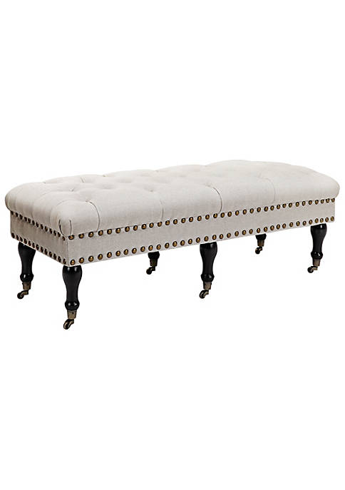 Mobile Upholstered Bench Rolling Button Tufted Fabric Accent Ottoman with Nailhead Trim and Wheels Beige
