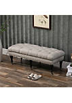 Mobile Upholstered Bench Rolling Button Tufted Fabric Accent Ottoman with Nailhead Trim and Wheels Beige