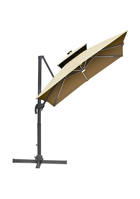 10ft Solar LED Cantilever Umbrella Offset Hanging Umbrella with 360 degreeRotation Cross Base 8 Ribs Tilt and Crank for Yard Garden and Poolside Khaki