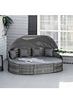 4 Pieces Patio PE Wicker Lounge Set Outdoor Rattan Garden Conversation Furniture Set Round Sofa Bed with Cannopy Cushioned and Pillows Grey